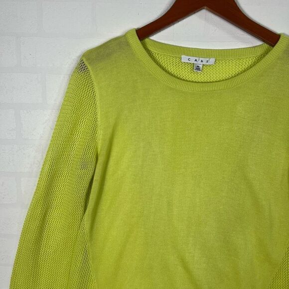 Cabi Womens Yellow Split Back Pullover Long Sleeve Mesh Sweater Size M - Picture 2 of 12
